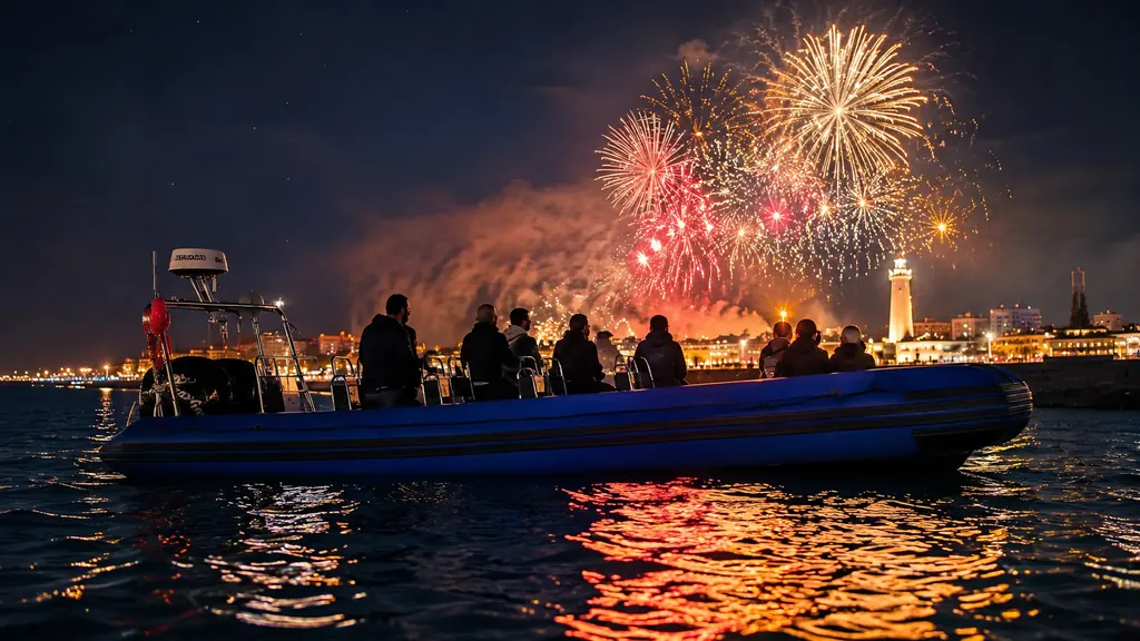 Bateau face à un feu d'artifice au-dessus du phare des Sables d'Olonne